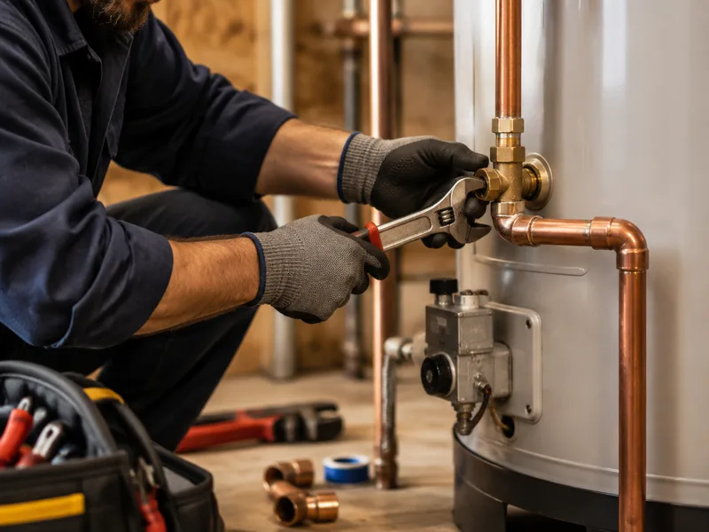 Professional plumbing technician repairing a residential water heater